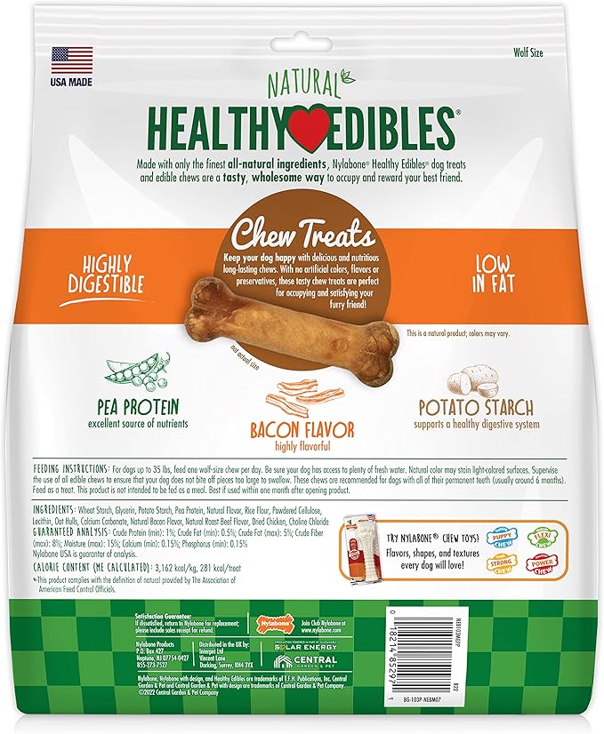 Nylabone Healthy Edibles Natural Dog Chews Long Lasting Bacon Flavor Treats for Dogs, Medium/Wolf (7 Count)