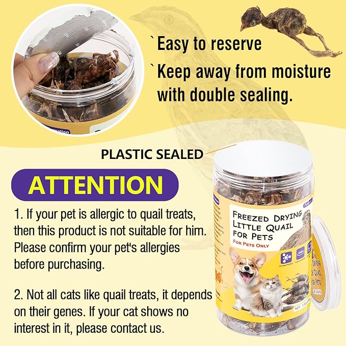 3.52oz/100g Freeze Dried Little Quail, Dogs Cats Treats with High Protein, Single Ingredient Pet Snacks, Healthy Tasty Dry Pet Food