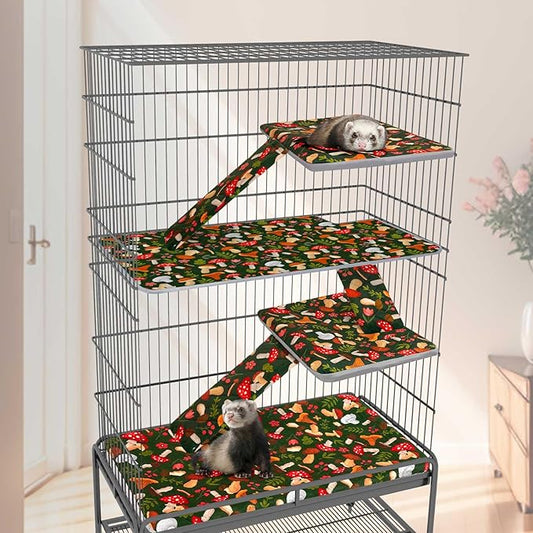 Bienbee Ferret Cage Liner Set for Ferret Nation & Critter Nation Cage, Waterproof Ferrets Cage Accessories for Small Animals Rats Chinchillas Hedgehogs Ferrets(Green Mushroom, Double Unit Combo)