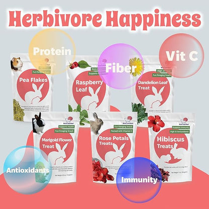 Snout and Shell Small Pet Mega Pack – 6 Natural Treats: Pea Flakes, Dandelion, Raspberry Leaf, Marigold, Rose Petals & Hibiscus – For Rabbits, Guinea Pigs, Chinchillas & More – Foraging & Health Boost