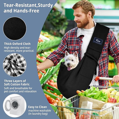 CUBY Dog and Cat Sling Carrier - Hands Free Reversible Pet Papoose Bag - Soft Pouch and Tote Design - Suitable for Puppy, Small Dogs Cats Outdoor (Black Senior, Unadjustable Strap)