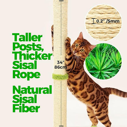 TINYBEAST 34" Tall Cat Scratching Post, Cat Scratcher Featuring Natural Sisal Rope, Cat Tree with Interactive Plush Toy Ball and Stable Base for Indoor Large Adult Cats & Kittens(Beige)