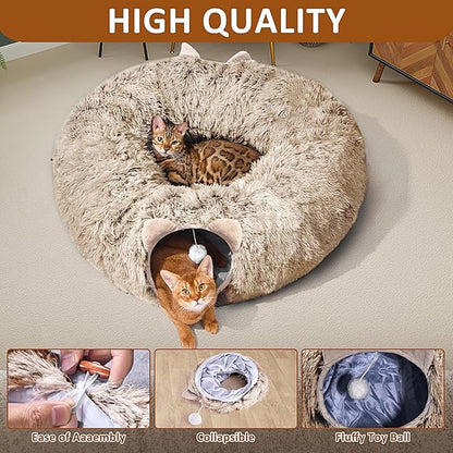 Cat Tunnel with Cat Bed for Indoor Cats, Soft Plush Peekaboo Cat Cave Donut Tunnel, Multifunctional Playground Toys Hideplace for Small Medium Large Kittens, Rabbit, Ferret, Brown
