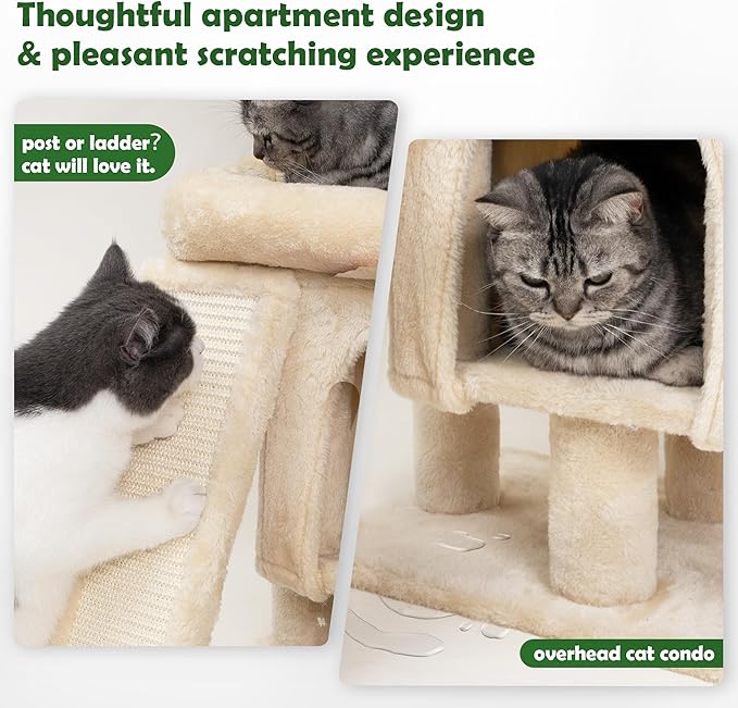 Meowoou Palm Cat Tree Tower for Indoor Cats with Cozy Cat Condo, 33'' Natural Sisal Scratching Posts and Plush Pom-pom for Small Kitty