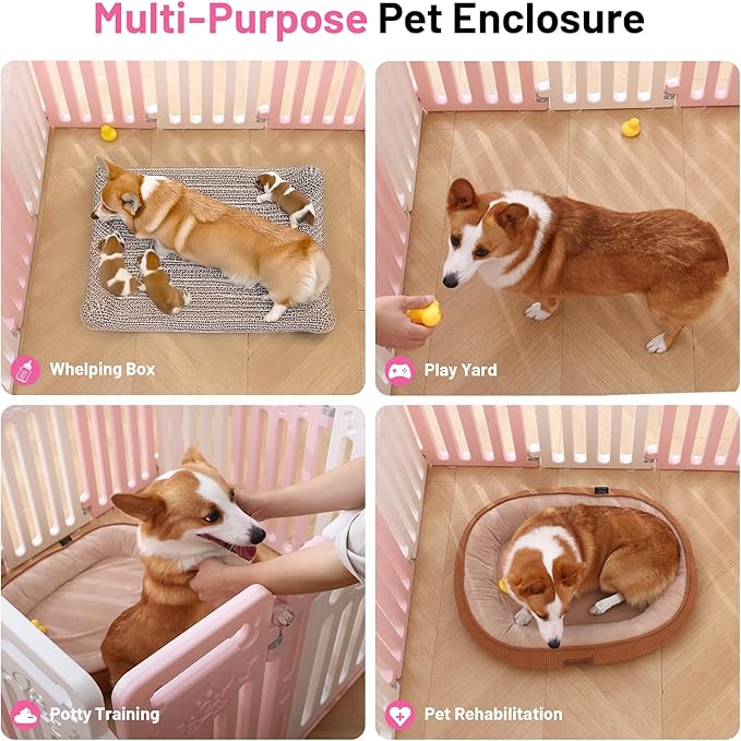 Dog Playpen Fence Clear Pet Puppy Foldable Kennel for Small Dogs Plastic Puppy Enclosure for Cat Rabbit Indoor Whelping Box for Dogs with Gate (Pink + White, 12 Panels+1 Door)