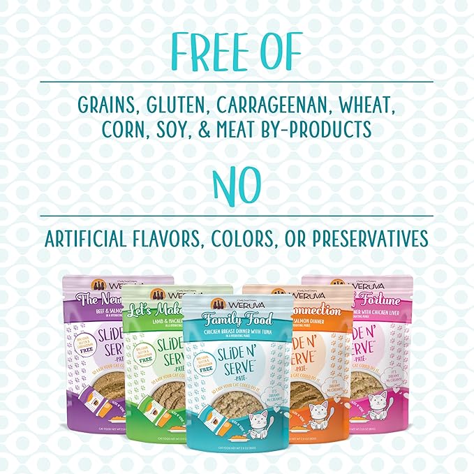 Weruva Slide N' Serve Paté Wet Cat Food, The Showcase Chowdown Variety Pack, 2.8oz Pouch, Pack of 16