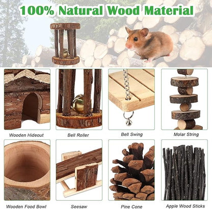 ZALALOVA Hamster-Chew-Toys Pet Activity Structure, 17 Pack Wooden Accessories with House, Food Bowl, Activity Toys for Mouse, Rats, Gerbils, Small Birds
