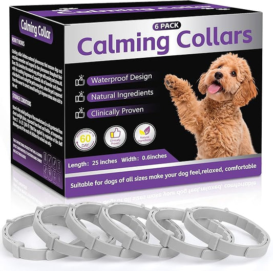 6-Pack Pheromones Calming Collar for Dogs, Waterproof Dog Calming Collar Relief Anxiety, Barking, Bad Behaviors, 60 Day Lasting for Small, Medium & Large Dogs, 25 Inches Adjustable (Gray)