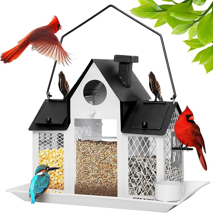 Solar Bird Feeders House for Outdoors Hanging, 7LBS Large Capacity Metal Wild Bird Feeder Squirrel Proof for Outside with Water Cup, Cardinal Birdfeeder Birdhouses Gift for Bird Lovers