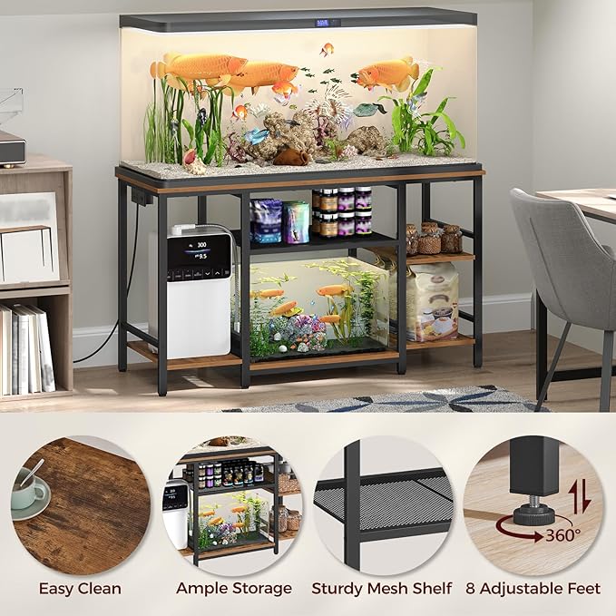 55-75 Gallon Fish Tank Stand with Power Outlet, 3-Tier Metal Frame Aquarium Stand, Heavy Duty Reptile Terrarium Tank Stand, 52.0"L x 19.7"W x 29.9"H, 800 LBS Capacity, Rustic Brown FTHR55E01