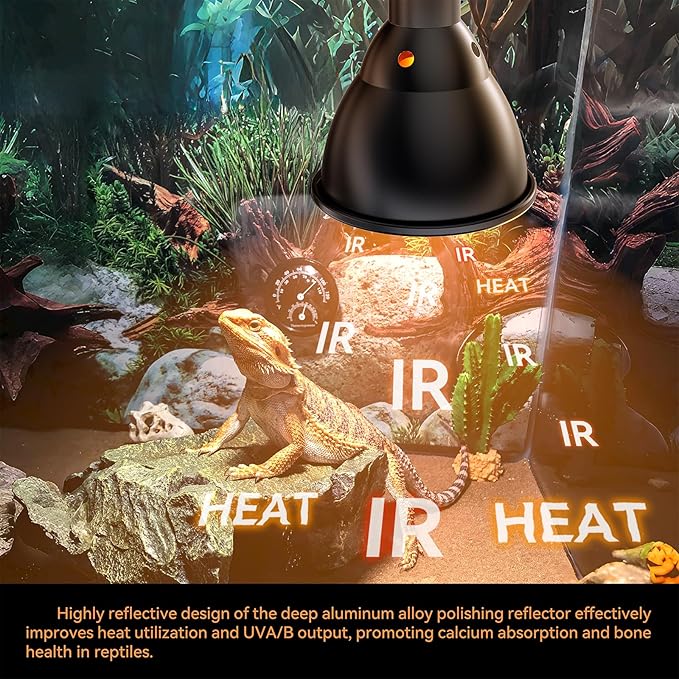 Reptile Light Fixture,7inch Deep Dome Reptile Light Fixture with 3/6/12 Timer,Infrared Reptile Heat Lamp Max 150W Blub, for Turtle Bearded Dragon Lizards Snake, 1PCS 150W Bulb Included