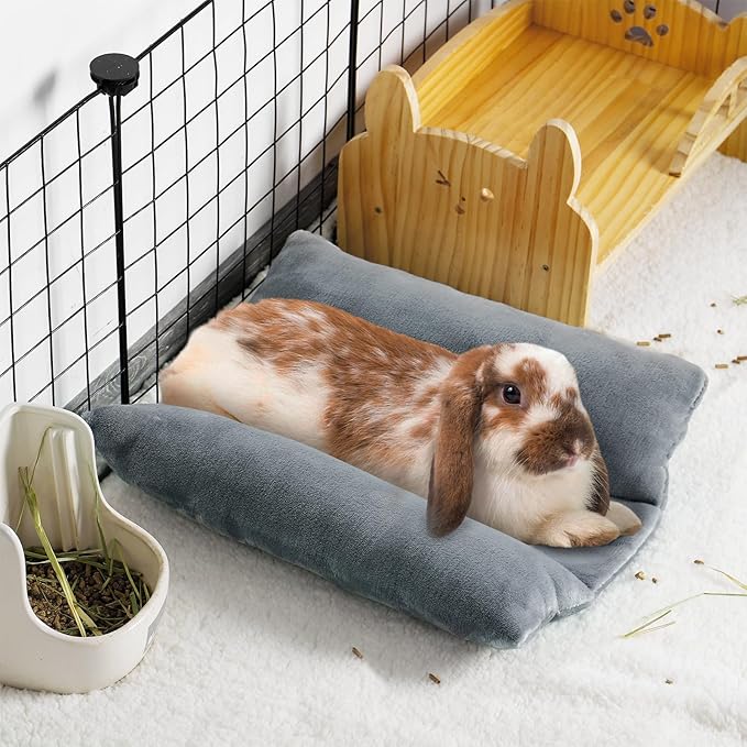 MEWTOGO 15.7 x 14In Rabbit Bed, Thickened Soft Bunny Concave Bed, Cuddle Cushion Plush Mat with Cotton Lounger Pillows, Small Pet Flop Mat for Cage Sleeping Indoor, Gray