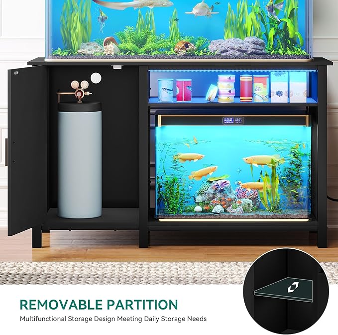 YITAHOME Aquarium Stand with Power Outlets, 55-75 Gallon Fish Tank Stand, Cabinet with RGB Light Strip Suitable for Turtle Tank, Reptile Terrarium, 900LBS Capacity, Black