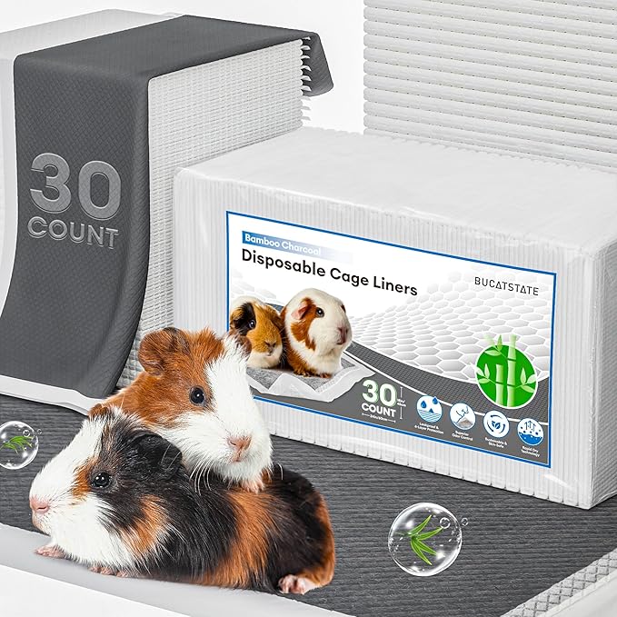 BUCATSTATE Disposable Guinea Pig Cage Liners 30 Count, Super Absorbent Guinea Pig Bedding, Bamboo Charcoal Odor Control Pee Pads for Rabbits, Ferrets and Birds (18''x24'')