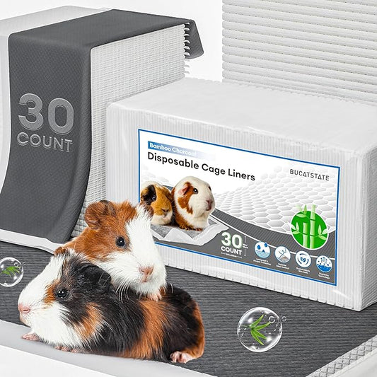 BUCATSTATE Disposable Guinea Pig Cage Liners 30 Count, Super Absorbent Guinea Pig Bedding, Bamboo Charcoal Odor Control Pee Pads for Rabbits, Ferrets and Birds (18''x24'')
