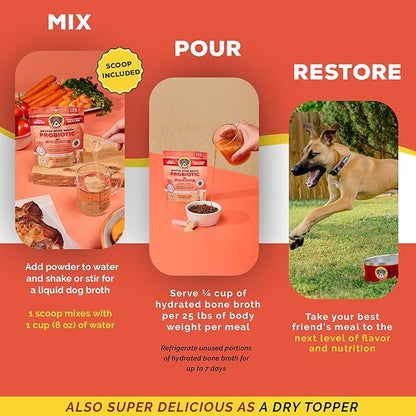 Brutus Bone Broth Probiotic Meal Toppers for Dogs Mega Pack (Pork) - Bone Broth Powder Fortified with Canine Probiotics - Dog Food Toppers for Dry Food - Makes 130oz of Liquid Bone Broth