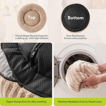 MIXJOY Calming Dog Beds Large Sized Dogs - Washable Donut Large Dog Bed, Round Fluffy Plush Faux Fur Pet Bed with Anti-Slip Bottom, 36"x36"x10", Beige