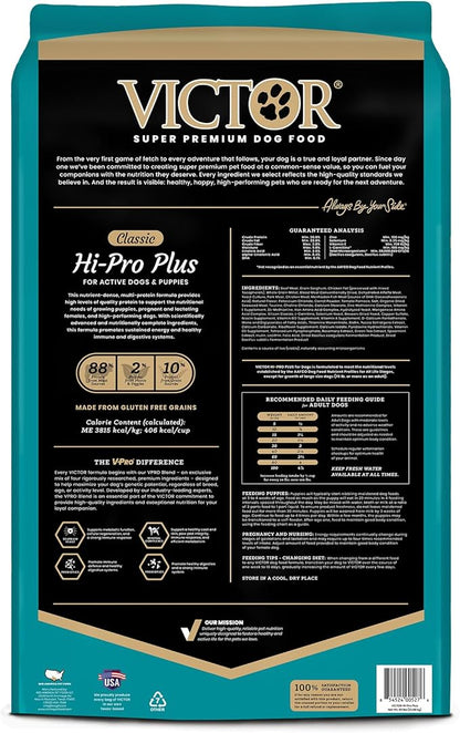 VICTOR Super Premium Dog Food – Hi-Pro Plus Dry Kibble – High Protein Dog Food with 30% Protein – Beef, Chicken, Pork, Fish Meals, Gluten Free - for High Energy and Active Dogs & Puppies, 50lbs