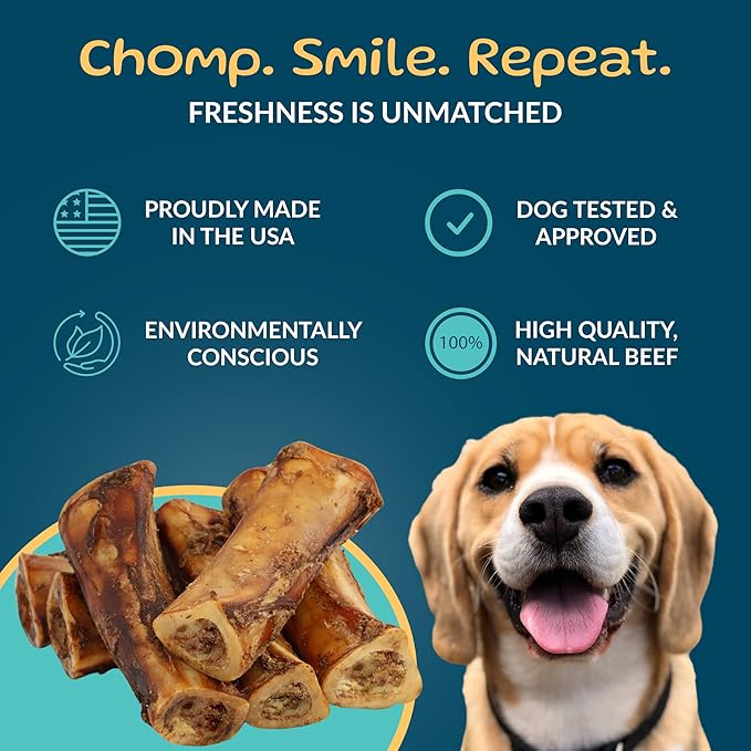 TREATOPIA Adventure Champ Dog Bones, 6-Piece 6” Shank Center Cut Marrow - Long-Lasting Natural Chews for All Dog Sizes, USA Made, Single Ingredient, Hand-Trimmed, Slow-Roasted, No Additives/Fillers