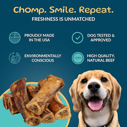 TREATOPIA Adventure Champ Dog Bones, 6-Piece 6” Shank Center Cut Marrow - Long-Lasting Natural Chews for All Dog Sizes, USA Made, Single Ingredient, Hand-Trimmed, Slow-Roasted, No Additives/Fillers