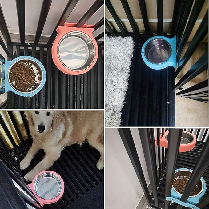 kathson 2 Pack Crate Dog Bowl Removable Stainless Steel Water Food Bowl Hanging Pet Cage Coop Cup for Rabbit Cat Puppy Bird Bunny Small Animals
