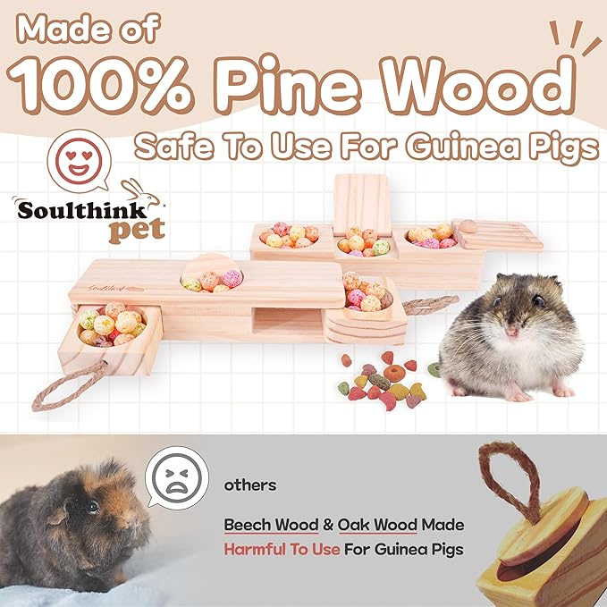 SoulThink® Interactive Guinea Pig Toys - Wooden Rat Toys for Pet Rats, Enrichment & Foraging Activity for Hamster Sniff n' Snack Puzzle for All Small Rodents (2 Sets)