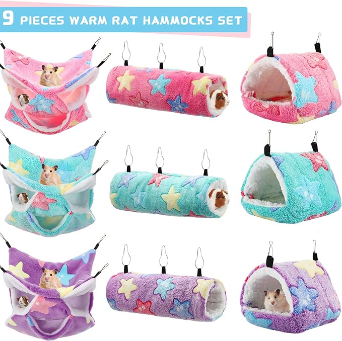 Abbylike 9 Pieces Rat Hammock 3 Tier Guinea Pig Ferret Hammocks Small Pet Hanging Tunnel Glider Toy Guinea Pig Ferret Hideout Bed Cage Accessories for Hamster(Green, Purple, Pink,Star)