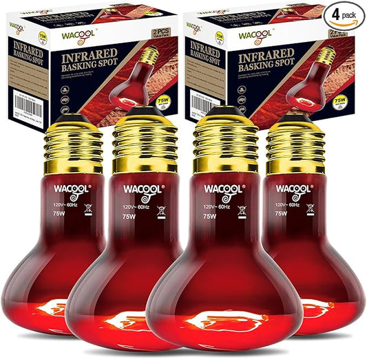 WACOOL 4 Pack Reptile Heat Lamp Bulbs,75W Infrared Basking Spot Light for Reptiles & Amphibians, Red Heat Lamp Bulb for Bearded Dragon Gecko Turtle Lizard (75, Watts)…