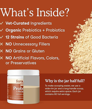 Fera Pets Probiotics for Dogs & Cats with Prebiotics - USDA Organic - Gut Health Powder Supplement with 12 Strains and 5 Billion CFUs - Supports Immunity, Energy and Skin & Coat - 60 Scoops