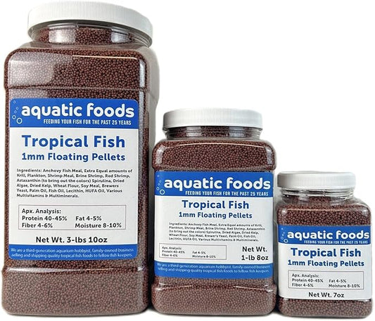 Aquatic Foods Inc. Tropical Fish 1mm - 1/32" Floating 40% Protein Pellets for Discus, Cichlids, Bettas, Guppies, Tetras, Live Bearers, Baby Koi, Smaller Tropical and Pond Fish...WL 7oz Sm Jar