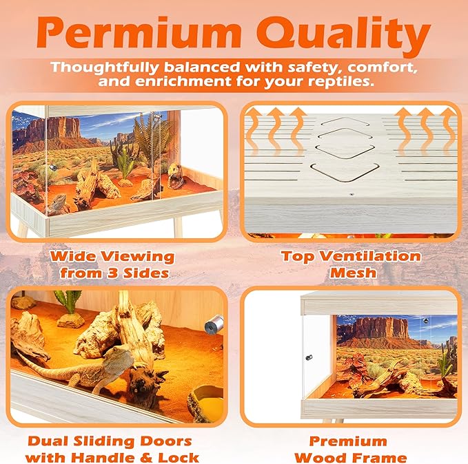 Royxen Bearded Dragon Tank with Metal Mesh Top and Leg Stand,Tempered Glass Reptile Tank,Reptile Enclosure,Lizard Tank for Chameleon,Snake,Lizard Habitat(40inch,Oak)