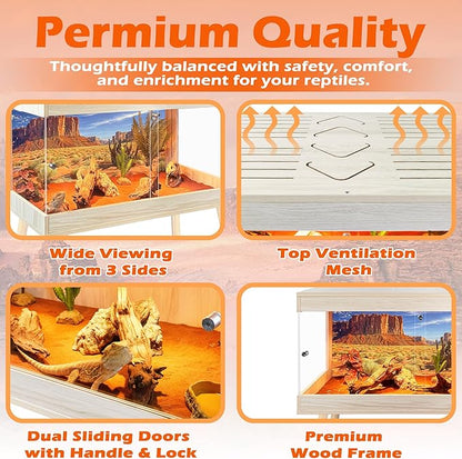 Royxen Bearded Dragon Tank with Metal Mesh Top and Leg Stand,Tempered Glass Reptile Tank,Reptile Enclosure,Lizard Tank for Chameleon,Snake,Lizard Habitat(24inch,Oak)