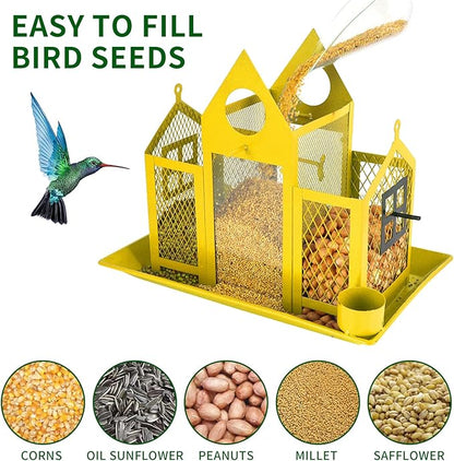 Solar Bird Feeders House for Outside Hanging, Metal Wild Bird Feeder for Outdoors, Large Cardinal Bird Feeder Birdhouses Squirrel Proof (Yellow)
