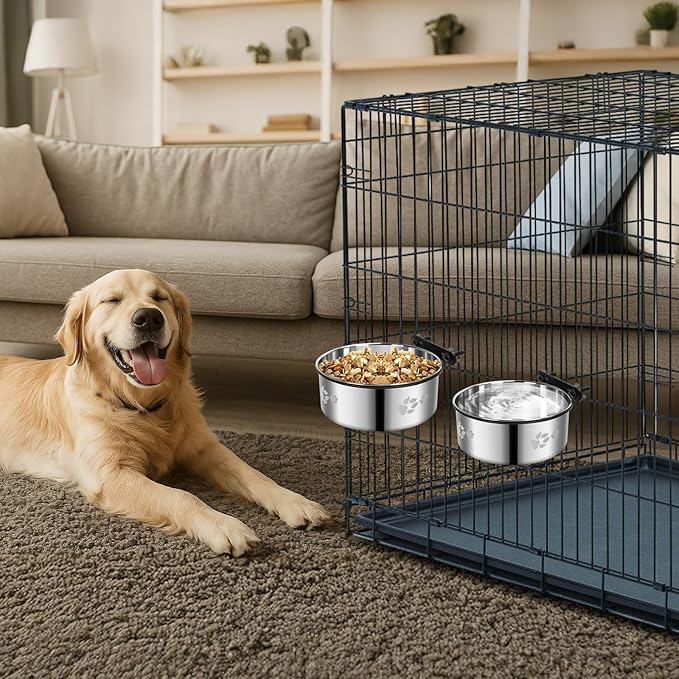 2 Pack Dog Crate Water Food Bowl No Spill,2-in-1 Hanging Dog Bowls for Kennel,Dogs Crate Water Feeder Dish,Stainless Steel Kennel Dogs Bowls Mountable with Non-Slip Bottom for Cats Bunny Ferret Bird