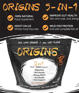 Origins 5-in-1 Dog Supplement - Powdered Food Topper w/Natural Omega 3 Fish Oil - Supports Healthy Digestion, Skin, and Coat - Helps Reduce Itching & Joint Inflammation (2 lbs)
