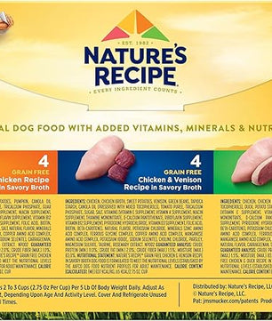 Nature’s Recipe Grain Free Chicken Recipe, Chicken & Venison Recipe and Chicken & Duck Recipe in Savory Broth Variety Pack Wet Dog Food, 12-2.75 oz. Cups, 2 Count
