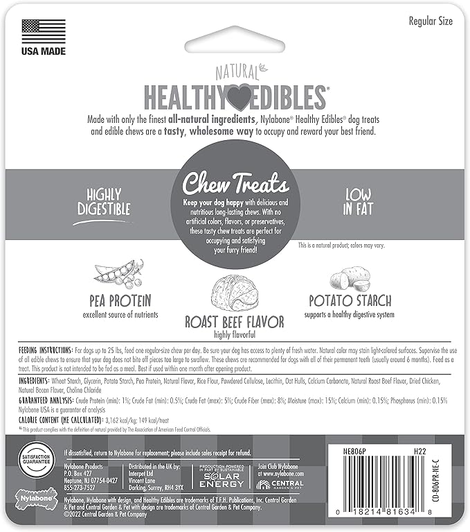 Nylabone Healthy Edibles Natural Dog Chews Long Lasting Roast Beef Flavor Treats for Dogs, Small/Regular (3 Count)