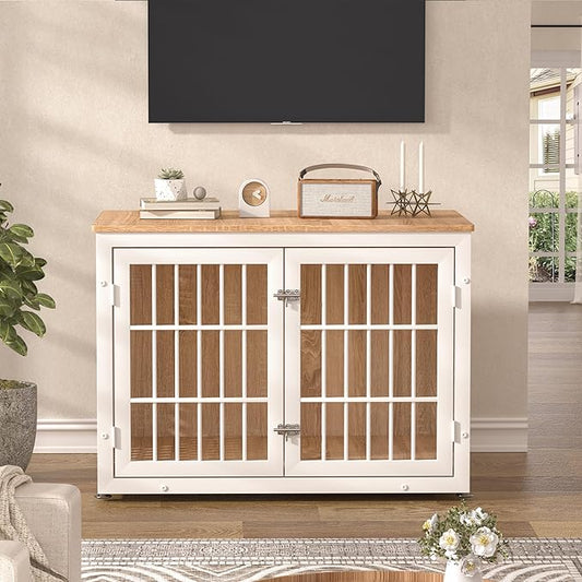 38" Heavy Duty Dog Crate Furniture for Large and Medium Dogs,Wooden Metal Kennel for High Anxiety Dogs, Chew Proof Pet Cage Indoor, Decorative Dog Kennel End Table, White
