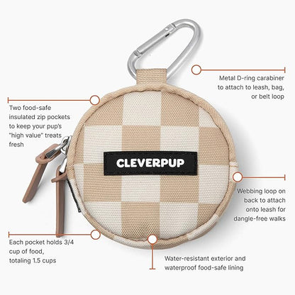 Snackpack Double Insulated Dog Treat Pouch - Holds 1.5 Cups - Dog Training and Walks Snack Bag, Two Pockets for Dry or Wet Treats, Attaches to Leash, Belt, or Bag - Checkerboard