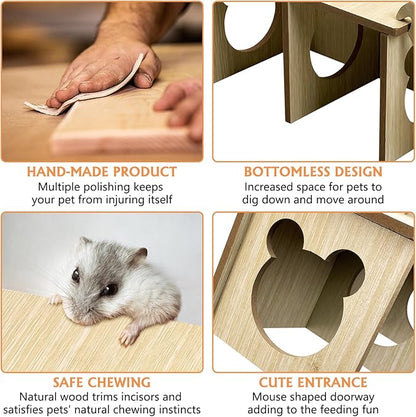 Tfwadmx Wooden Small Animal Hideout & Ramp - Hamster Tunnel System with Climbing Ladder, Peep Shed and Digging Chambers for Mice, Dwarf Hamsters