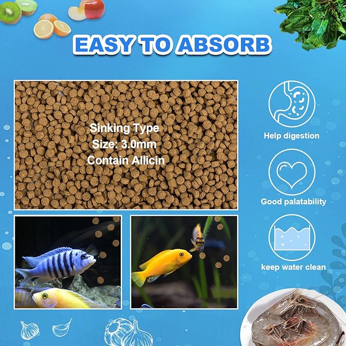 Cichlid Fish Food - High Protein Sinking Pellets for Large Cichlids,Tropical FishNatural Color Enhancer,Growth Support & Cleaner Water (10oz)