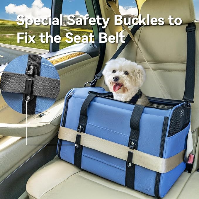 PETSFIT Soft-Sided Cat Carriers & Car Seats with Patent Safe Buckles, Clip-On Harness, 19"x12"x12" Pet Travel Carrier - 20 lbs Capacity (Blue)