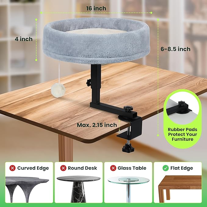 Zayana Cat Desk Bed Attachment - 360° Rotating & Adjustable Height Cat Bed Desk Mount with Soft Faux Fur Washable Cover, Space Saver Hammock for Home Office & Gaming Table, Supports Up to 45 lb, Grey