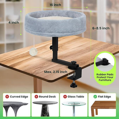 Zayana Cat Desk Bed Attachment - 360° Rotating & Adjustable Height Cat Bed Desk Mount with Soft Faux Fur Washable Cover, Space Saver Hammock for Home Office & Gaming Table, Supports Up to 45 lb, Grey