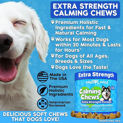 Calming Chews for Dogs - Dog Calm Treats, Made in USA, Vet Recommended, Behavior Support with Melatonin & Hemp, Stress, Separation, Fireworks, Travel, Extra Strength