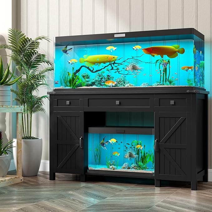 Farmhouse 55-75 Gallon Fish Tank Stand with Power Outlet, Aquarium Stand with 2 Drawers and Adjustable Shelves, Heavy Duty Reptile Tank Stand for 2 Fish Tank/Turtle Tank/Reptile Terrarium