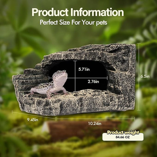 Reptile Hide, Great for Geckos, Snakes, Bearded Dragons & Lizards. with Steps for Reptile Rock Climbing, It Doubles as Aquarium Rock Cave Corner Reptile Cave for Climbing Hiding. (Stone, A-XLarge)