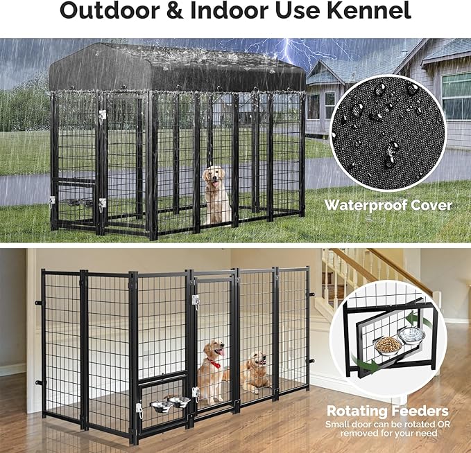 Sino Luban 2PCS Outdoor Dog Kennel Outside Run with Doggy Door, Swivel Feeder&Roof - 8x4x6FT Large Dog Kennels Pens Outside for Large Dogs Breed - Heavy Duty Cage (Can Connect to Your Dog House)