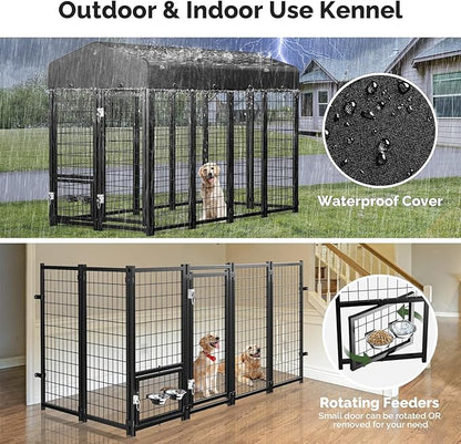 Sino Luban 2PCS Outdoor Dog Kennel Outside Run with Doggy Door, Swivel Feeder&Roof - 8x4x6FT Large Dog Kennels Pens Outside for Large Dogs Breed - Heavy Duty Cage (Can Connect to Your Dog House)