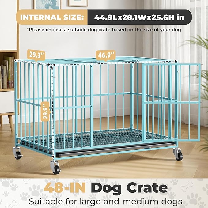 48 in Blue Heavy Duty Dog Crate Steel Escape Proof, Indoor Double Doors and Lockable Wheels,Removable Tray, for Extra Dog Breeds,XL,XXL